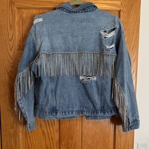 Denim Jacket with Rhinestone Fringe and Distressed Details